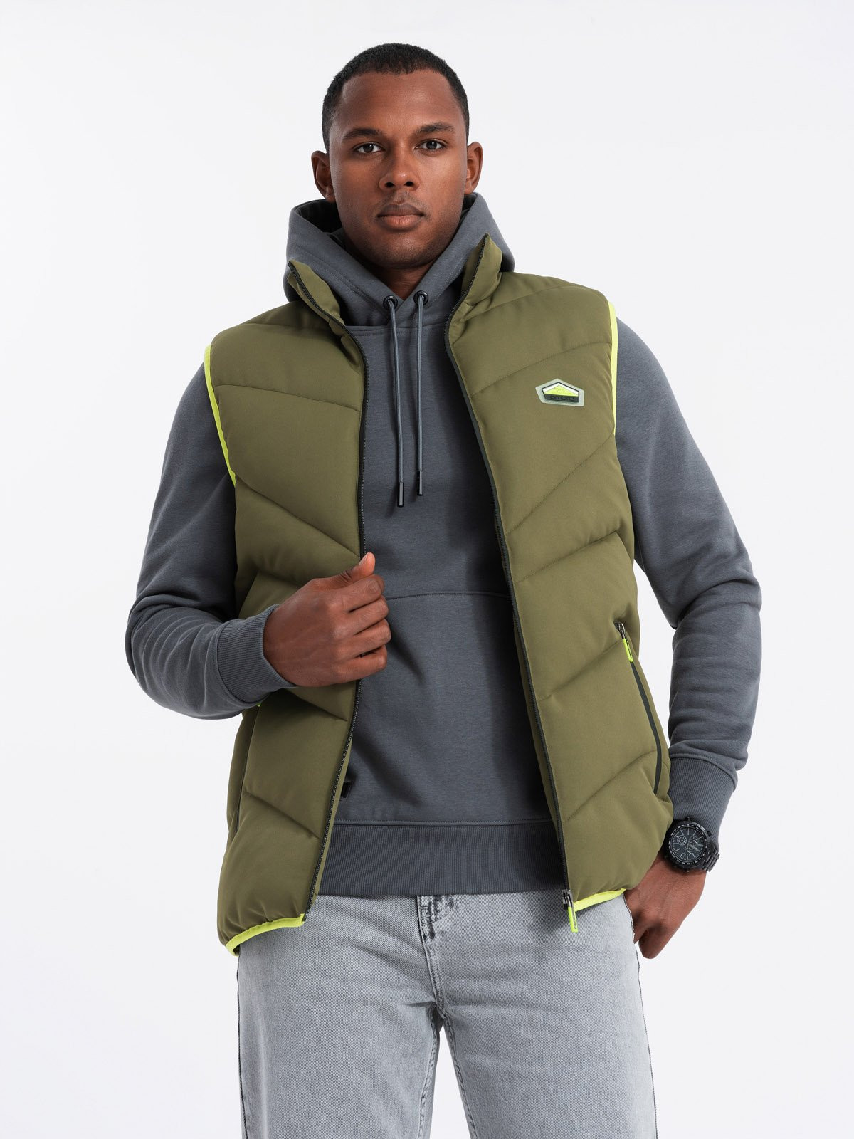 Ombre Men's quilted sleeveless jacket with neon accents - olive