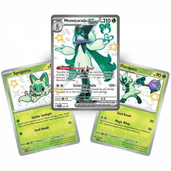 Pokémon karty Paldean Fates Meowscarada vývin 3 karty - Sprigatito, Flirigato a Meowscarada ex