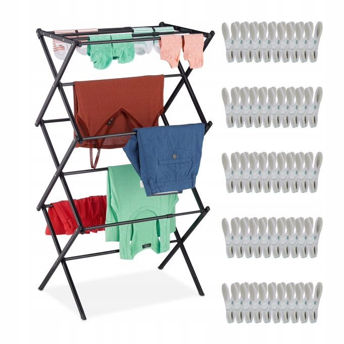 Vertikální černý sušák na prádlo rozšiřitelný, stojan na prádlo.