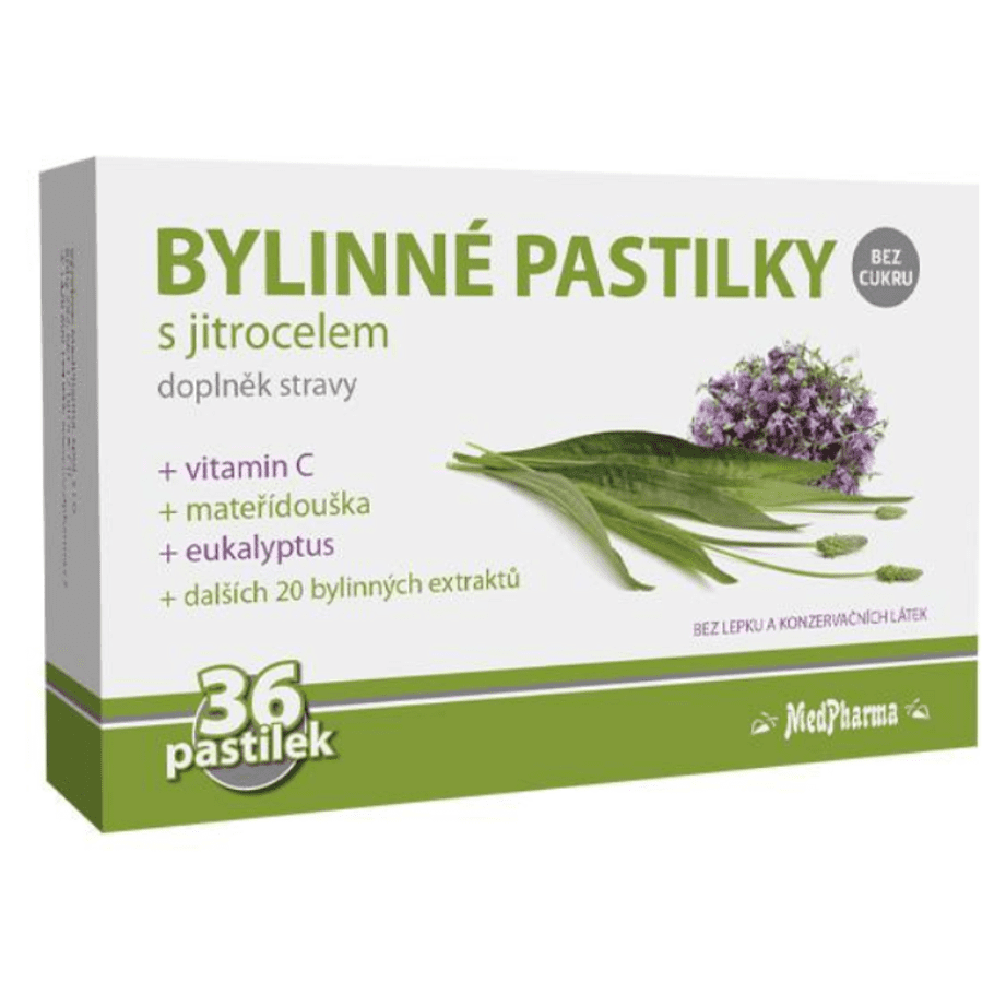 MEDPHARMA Bylinné pastilky bez cukru s jitrocelem 36 kusů, poškozený obal