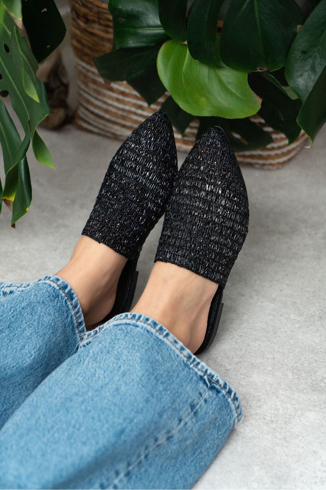 NİŞANTAŞI SHOES Moon Black Metallic Knit Detail Flat Sole Women's Slippers