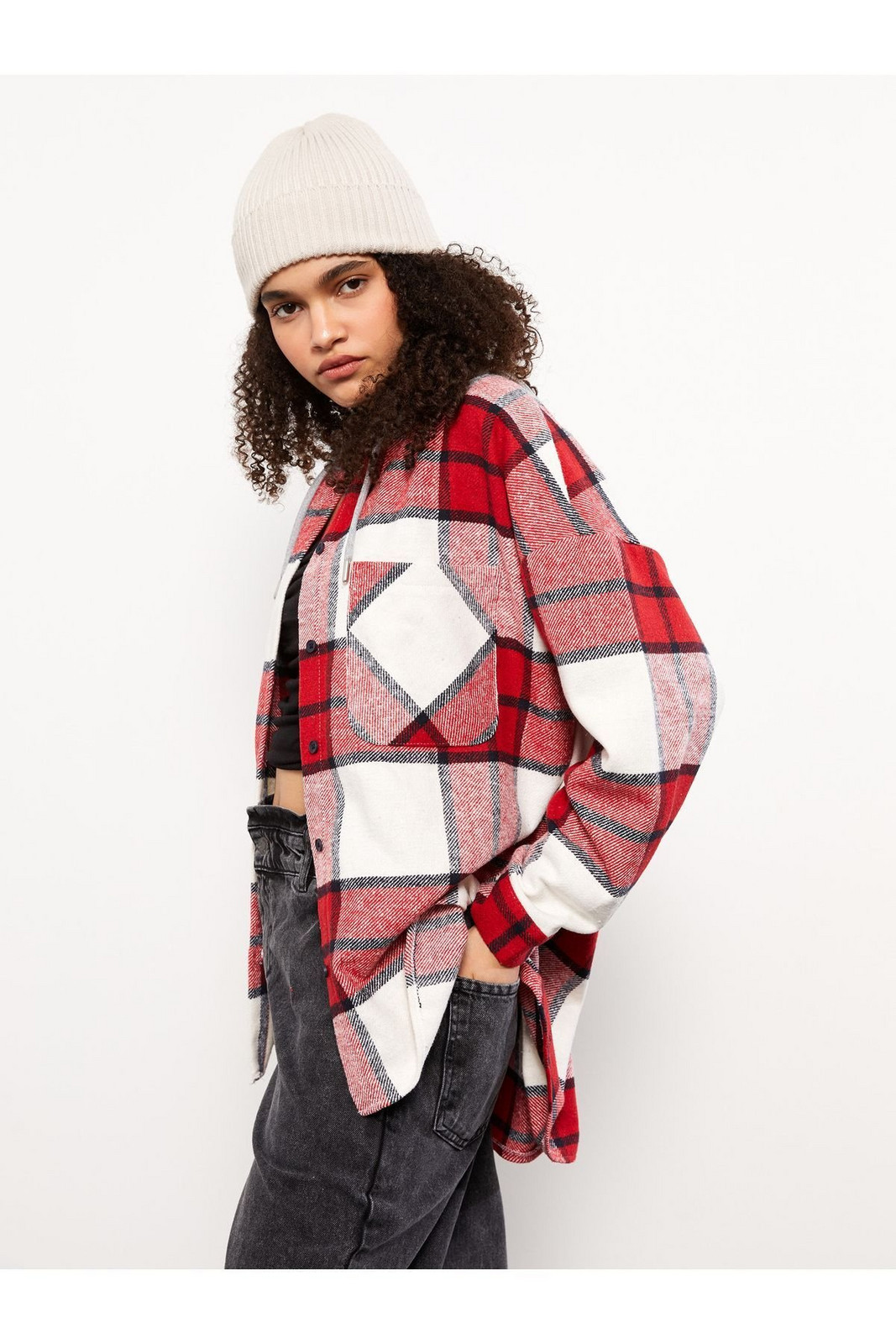 LC Waikiki Hooded Plaid Long Sleeve Flannel Oversize Women Lumberjack Shirt Jacket