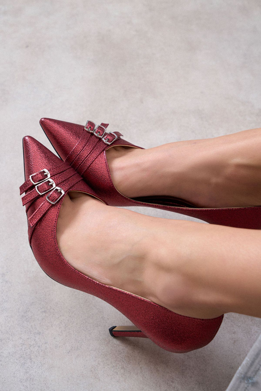 NİŞANTAŞI SHOES Smarty Burgundy Patterned Belt Detail Women's Thin Heeled Shoes