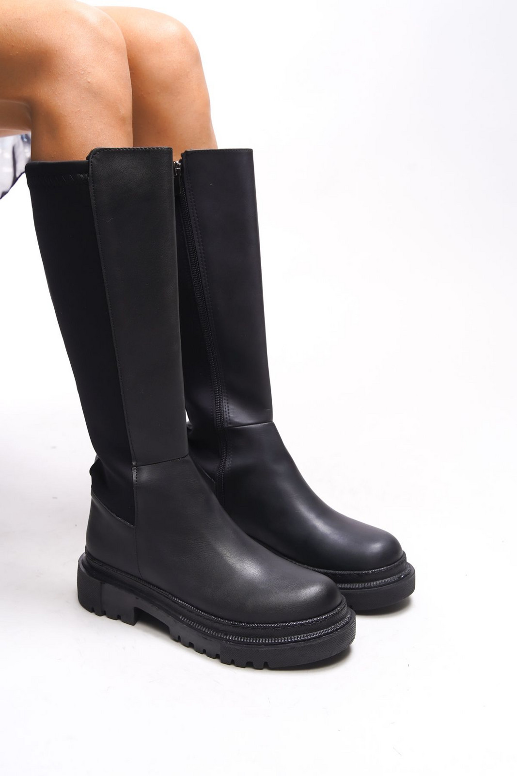 Riccon Ghyknu Women's Diving Fabric Knee High Boots 0012820 Black Skin