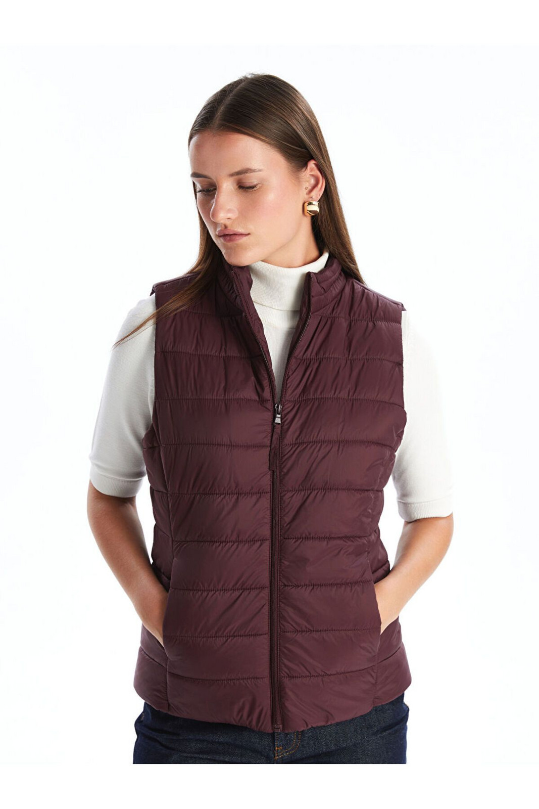 LC Waikiki Classic Beige Stand Collar Women's Puffer Vest