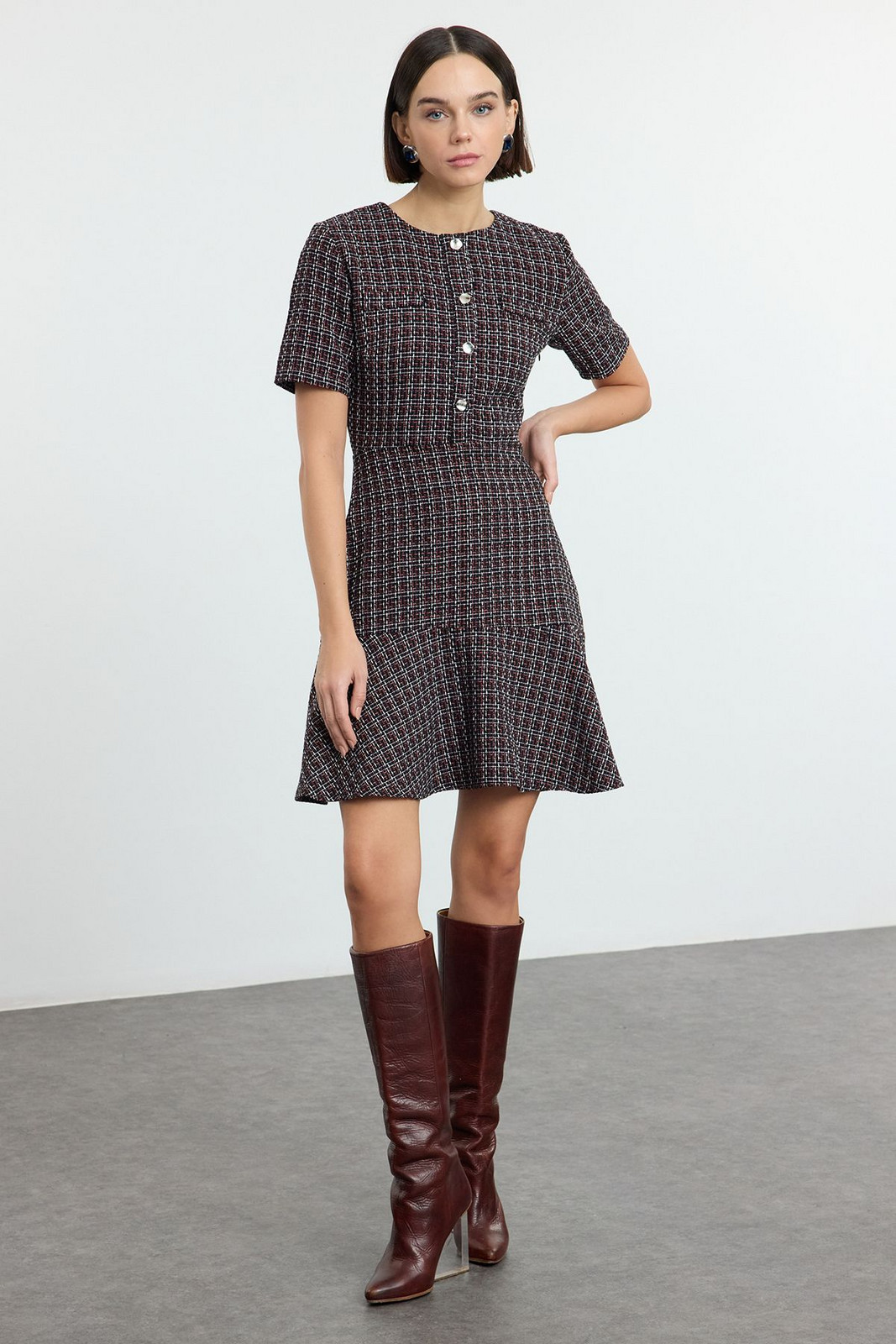 Trendyol Black Waist-Opening Crew Neck Mini Tweed Woven Dress