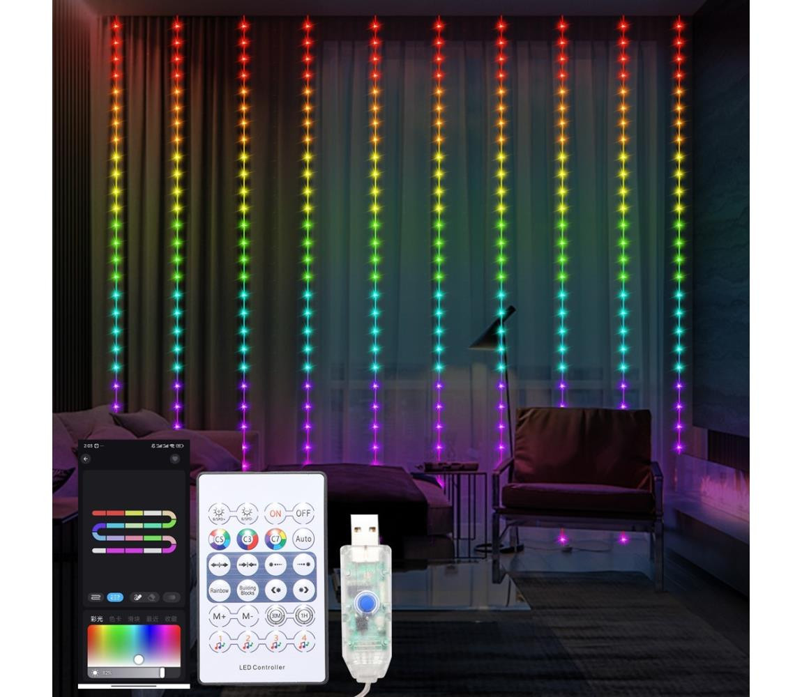 LED RGB Stmívatelný vánoční závěs WIZARD 300xLED/USB 3x3m + dálkové ovládání