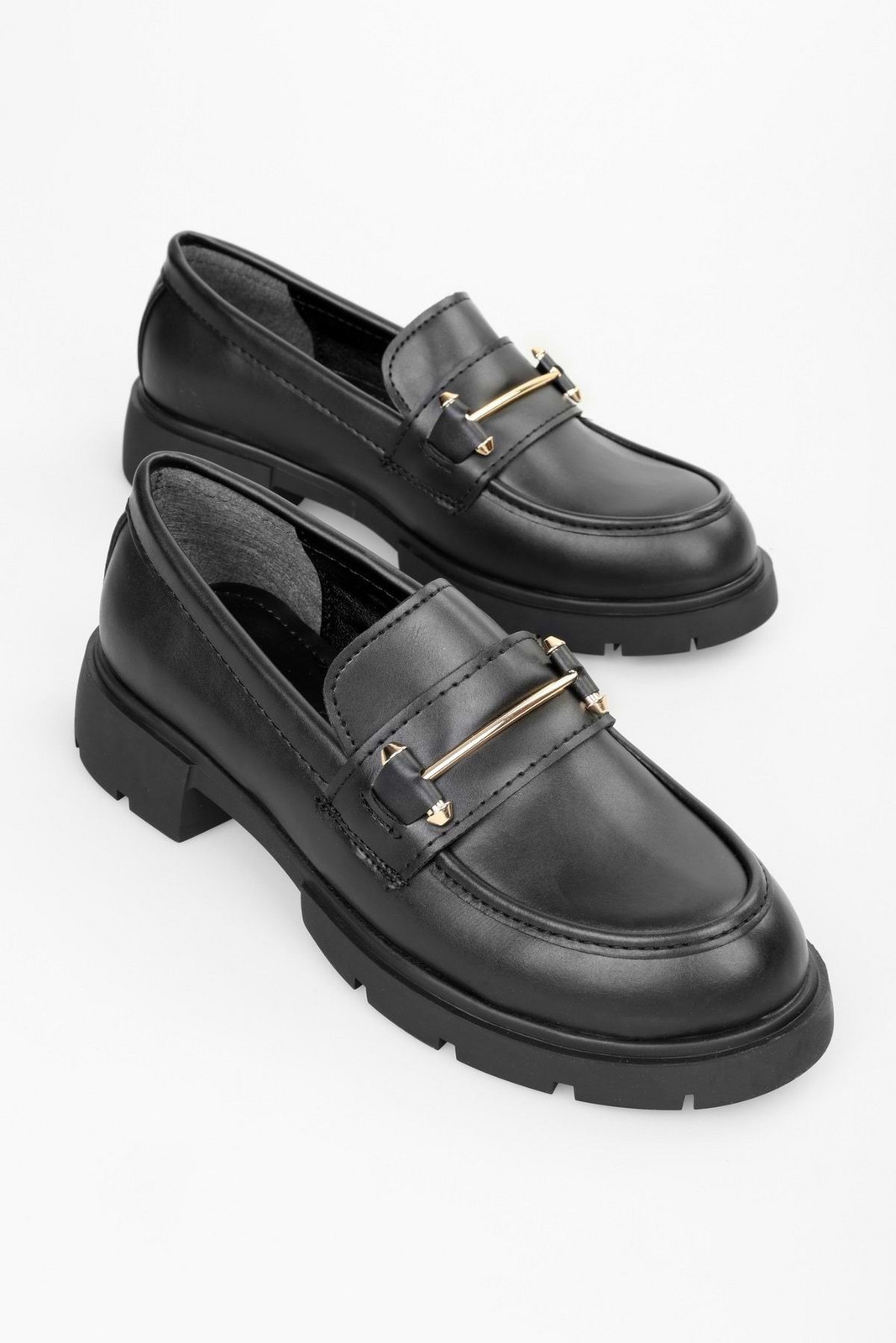 Shoeberry Women's Aston Black Leather Buckle Detail Loafer