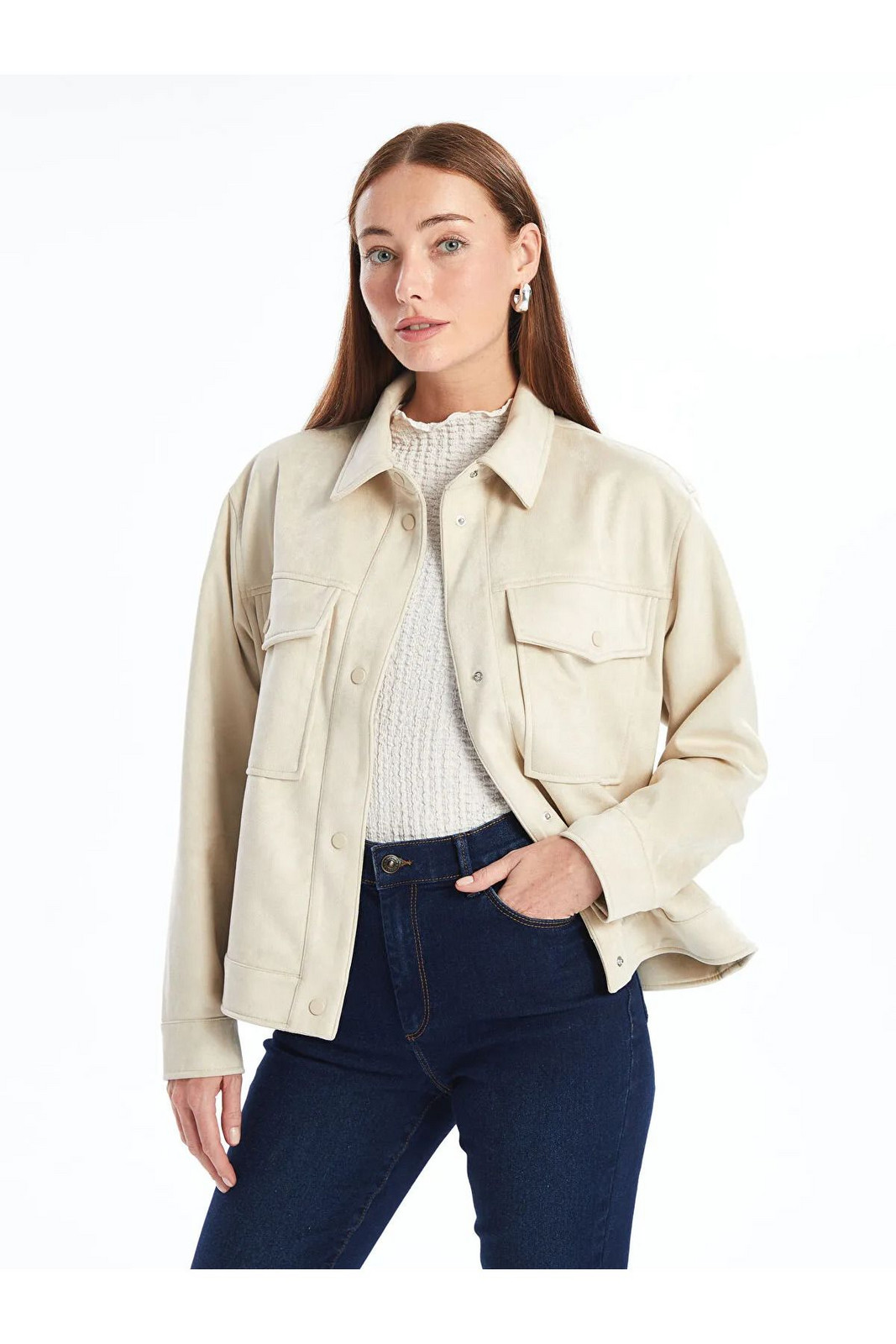 LC Waikiki Classic Light Grey Shirt Collar Women's Suede Look Coat