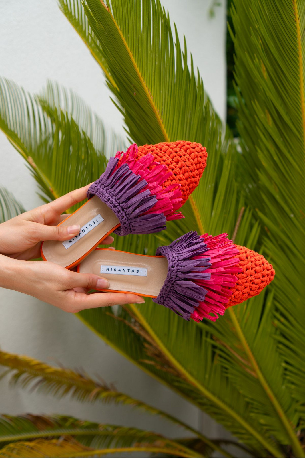 NİŞANTAŞI SHOES Viana Orange Knitted Purple Fuchsia Women's Slippers with Tassel Detail.