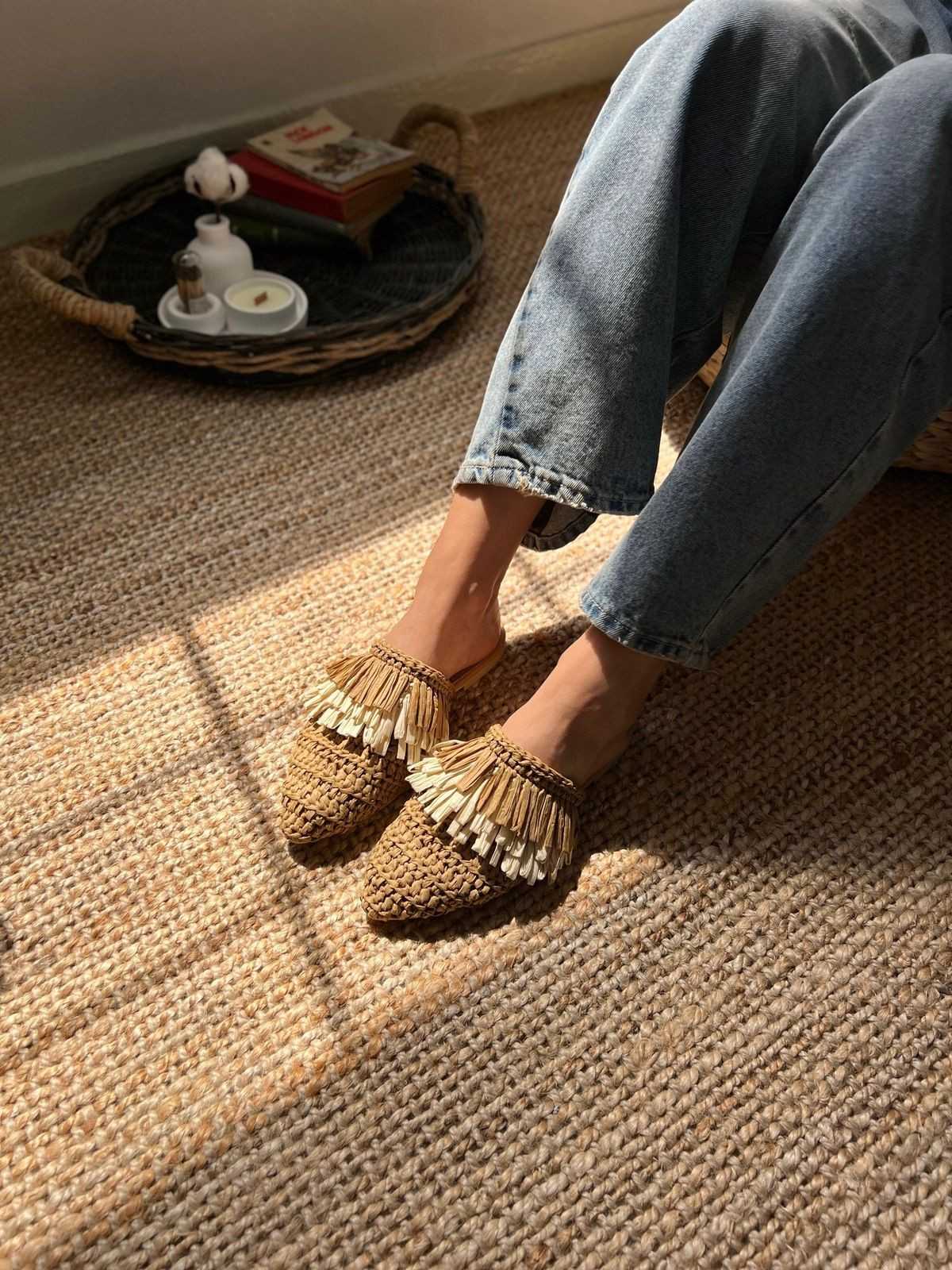 NİŞANTAŞI SHOES Viana Tan Knitting Tan Tan Beige Women's Slippers with Tassel Detail.