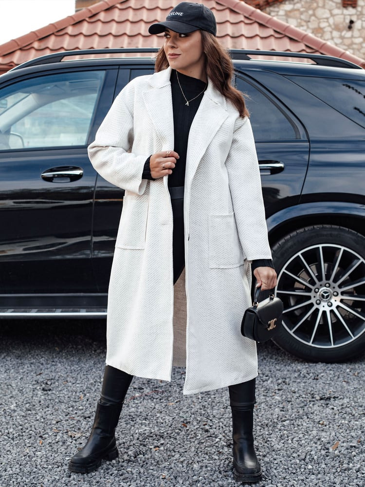 Płaszcz damski oversize AVELINNI długi w jodełkę beżowy Dstreet