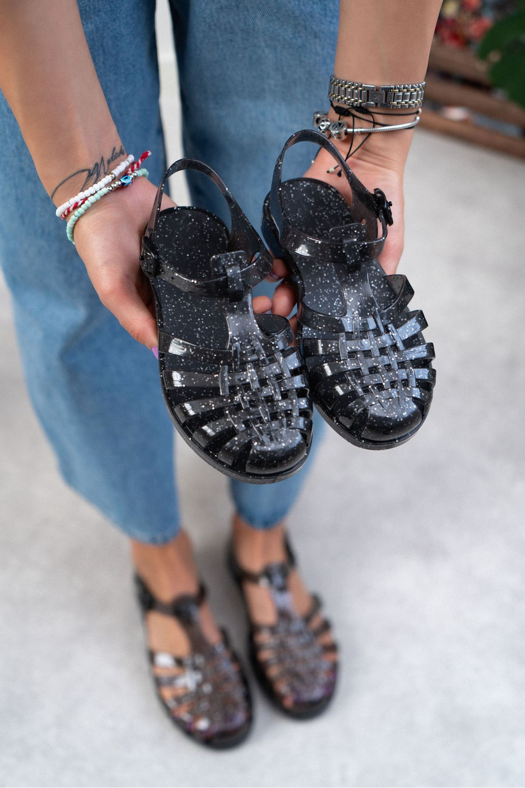 NİŞANTAŞI SHOES Anderline Jr. Black Transparent Glittered Matte Belt Detail Children's Sandals