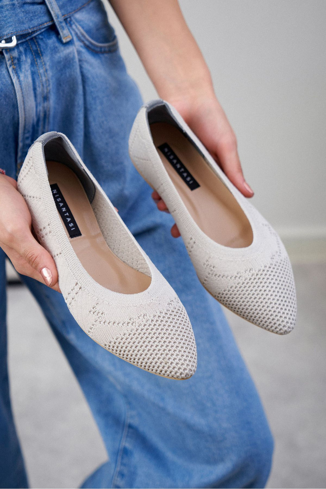 NİŞANTAŞI SHOES Betty Beige Knitwear Patterned Flat Sole Women's Ballerinas