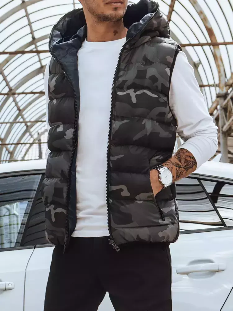 Šedá pánská prošívaná vesta s kapucí Dstreet