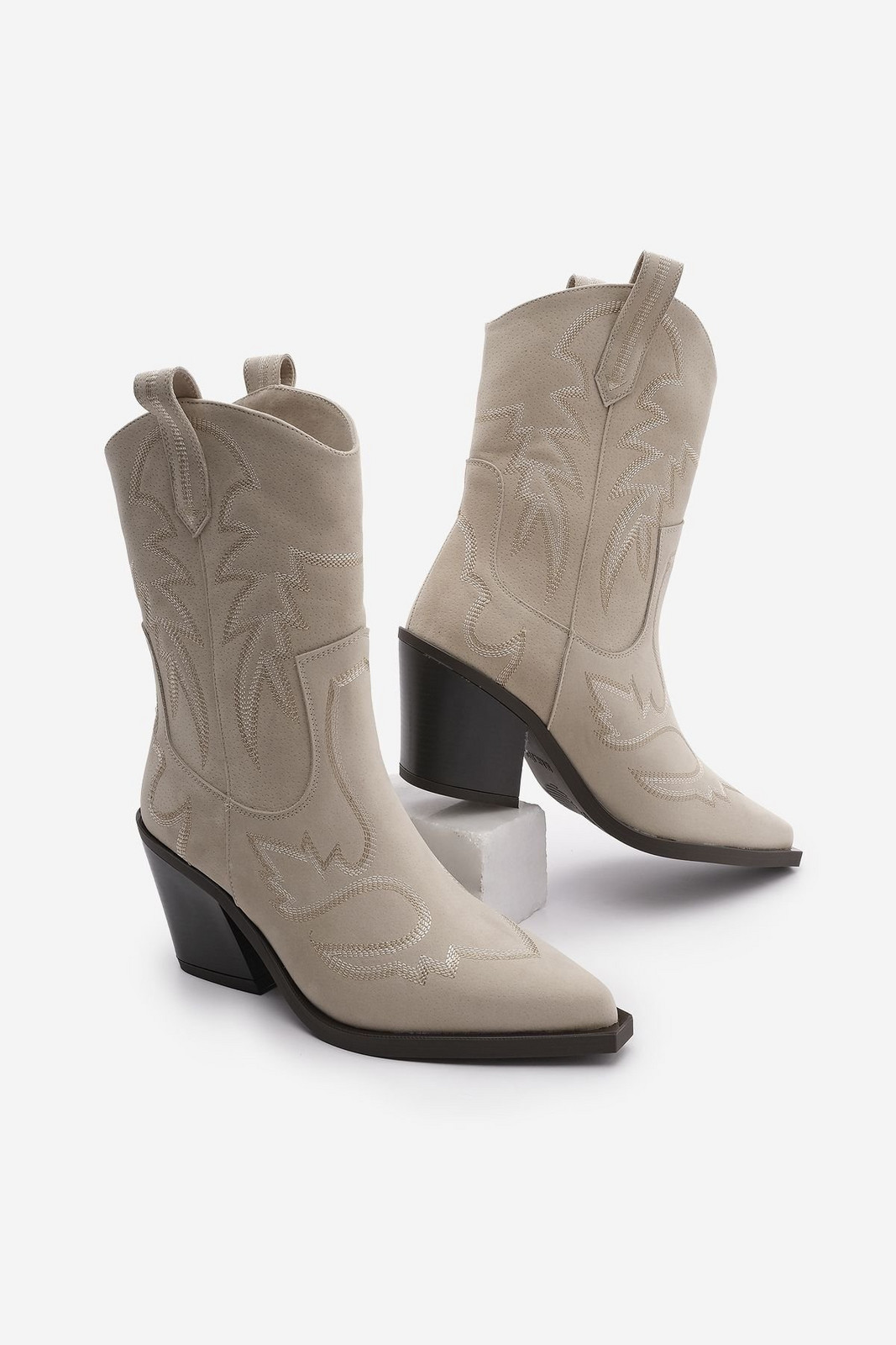 Marjin Women's Pointed Toe Embroidered Western Boots Merledi Beige Suede