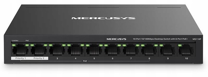 Switch Přepínač Rozbočovač RJ45 Lan Poe+ 65W 10 Ethernetový Port Mercusys