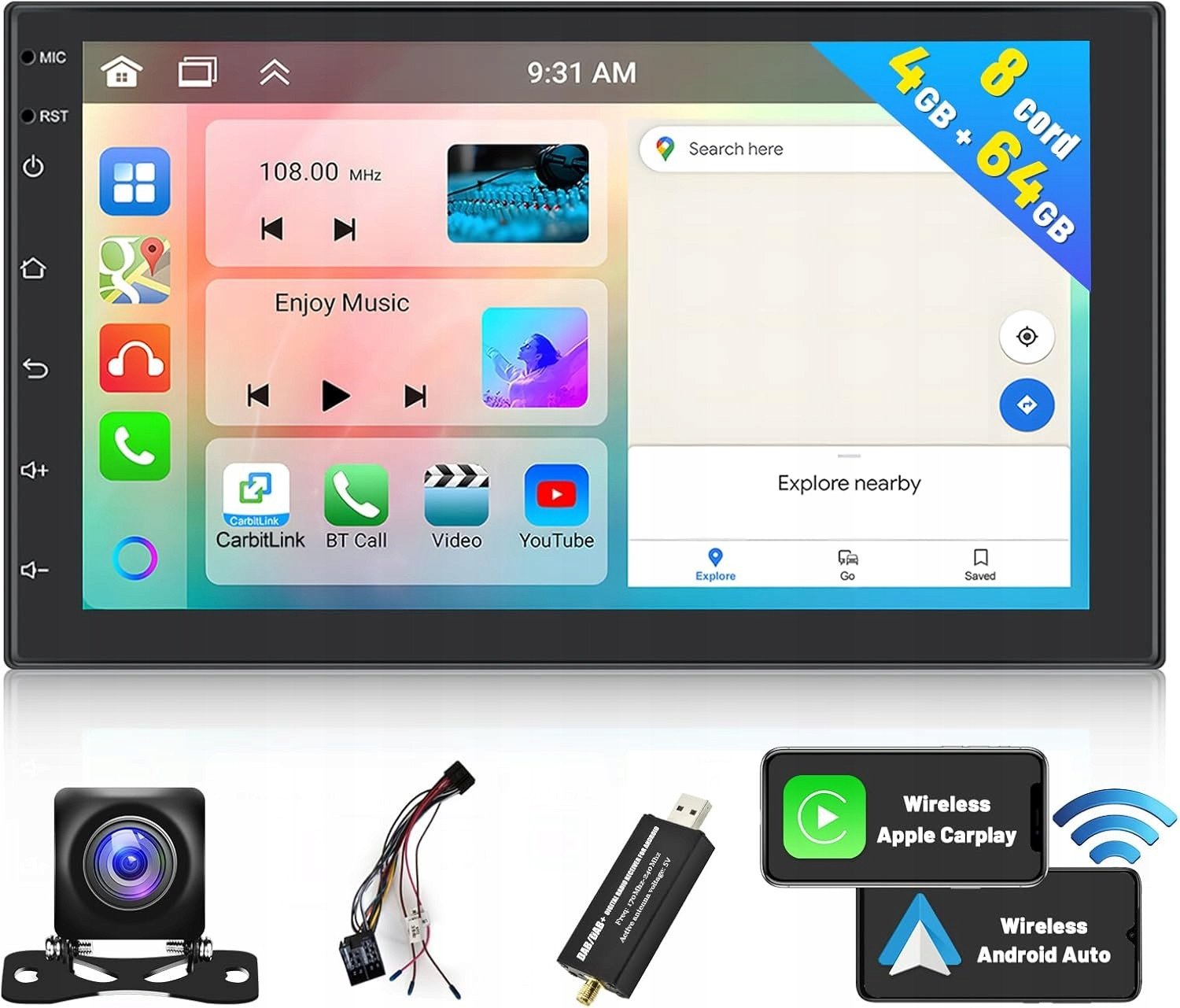 Hikity 2 Din autorádio 7 palcový CarPlay Bluetooth navigace Android