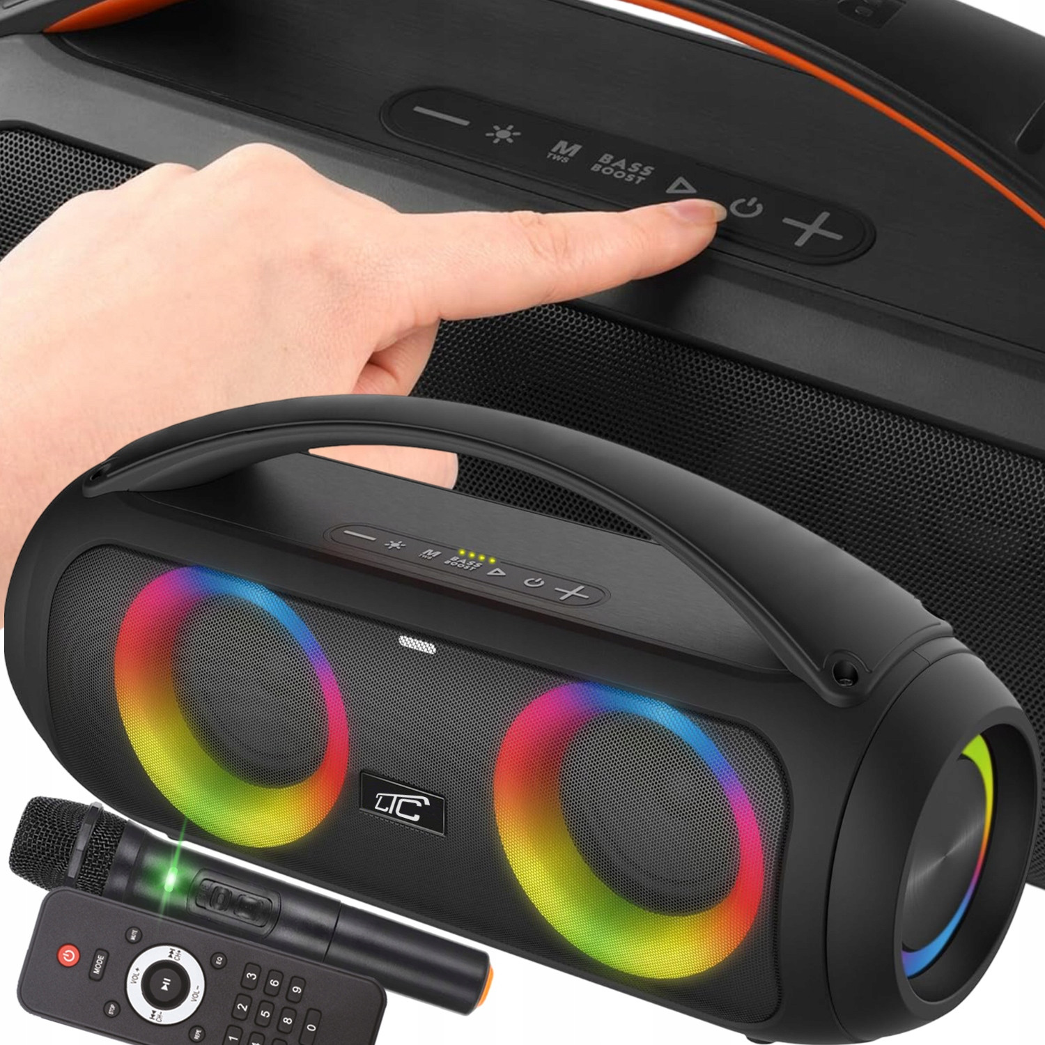 Výkonný Bluetooth Reproduktor Přenosný Boombox Mikrofon Dálkové Ovládání Usb Sd Fm Karaoke