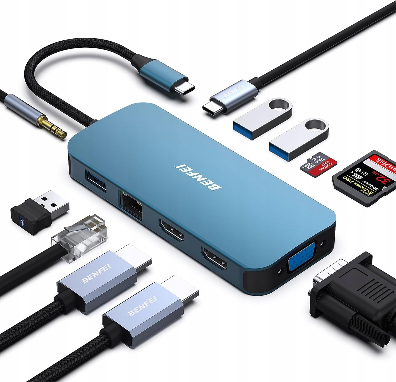 Dokovací stanice hub Benfei 11 v 1 s podporou 3 Usb-c 100 W displejů