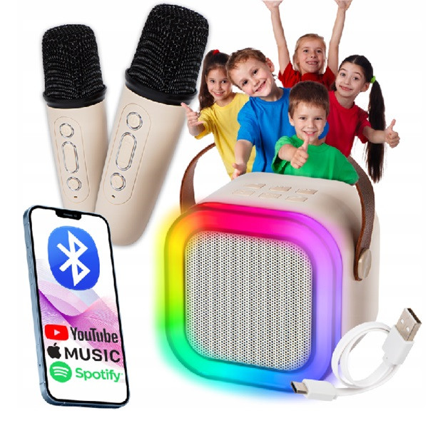 Karaoke set se 2 mikrofony + přenosný BLUETOOTH USB LED reproduktor bíly