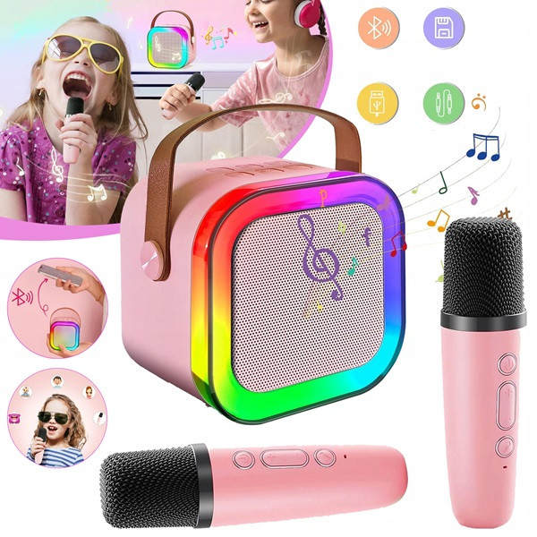 Karaoke set se 2 mikrofony + přenosný BLUETOOTH USB LED reproduktor růžový