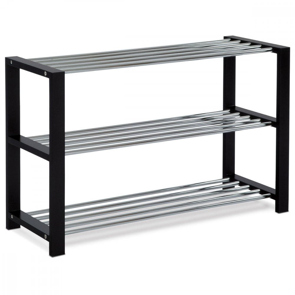 Botník, 3 kovové chromované police, masiv kaučukovník, černý matný lak