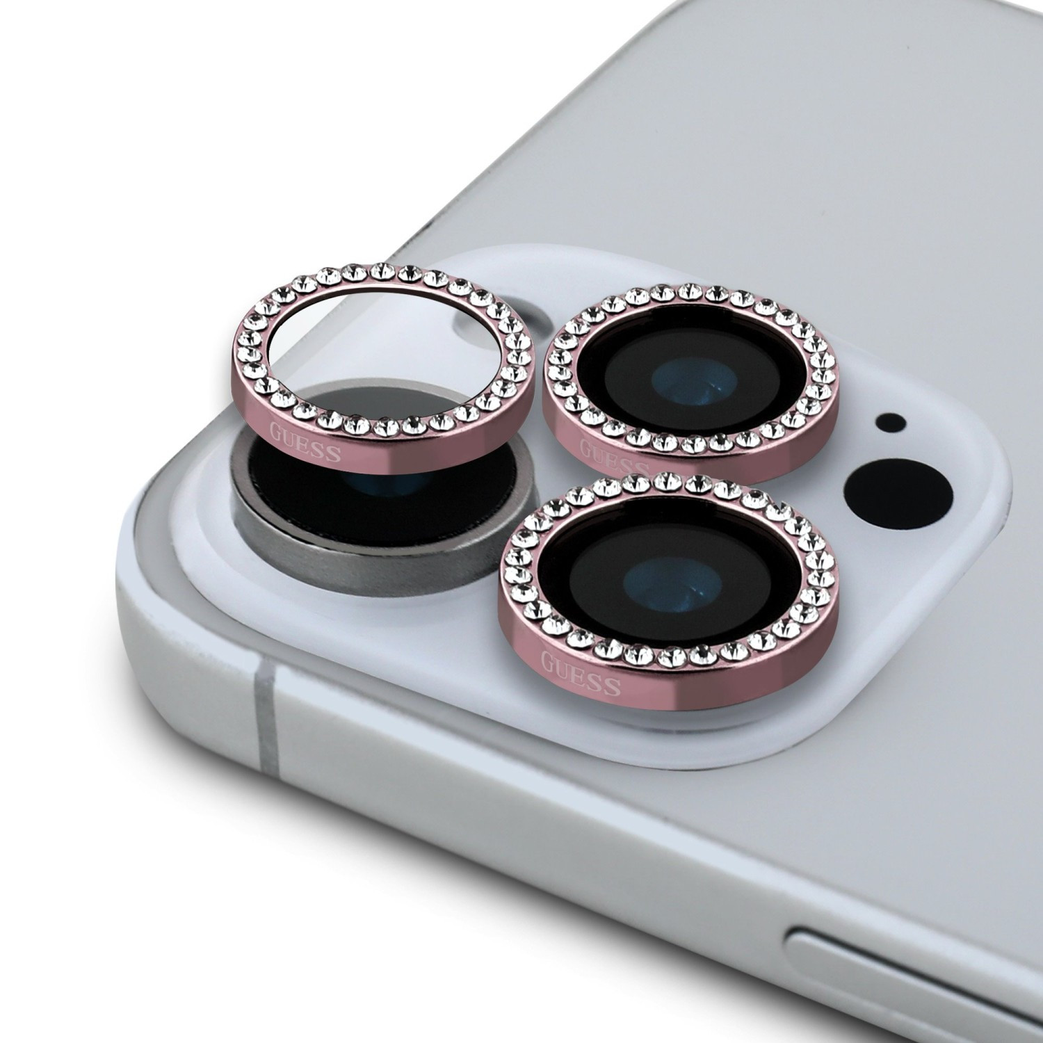 Ochrana čoček Guess Fixed Glliter pro Apple iPhone 16 Pro/16 Pro Max, růžová