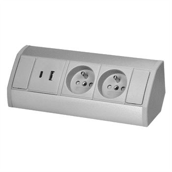 Povrchová zásuvka ORNO OR-GM-9039/G, rohové pouzdro, 2x 230V, 2x USB (A+C type; 2.4A), barva šedá-stříbrná