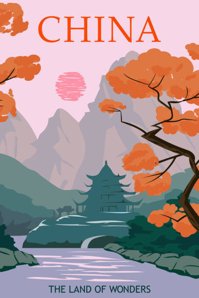 VectorUp Ilustrace China vintage poster autumn landscape mountains, VectorUp, 26.7 × 40 cm