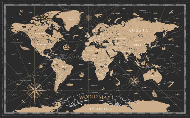 dikobraziy Mapa World Map Vintage Black Golden Detailed - Vector, dikobraziy, 40 × 26.7 cm