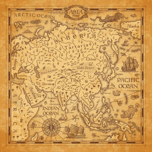 seamartini Mapa Vintage map of Asia, vector ancient parchment, seamartini, 40 × 40 cm