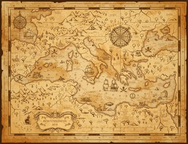 seamartini Mapa Old vintage map of Mediterranean sea, pirate sail, seamartini, 40 × 30 cm