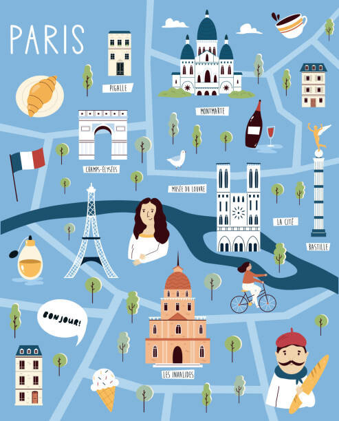 undefined undefined Ilustrace Colorful illustrated cartoon map of Paris,, undefined undefined, 30 × 40 cm