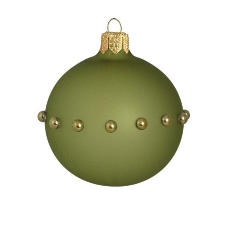 Skleněná ozdoba v matné zelené barvě s dekorem zlatých perliček