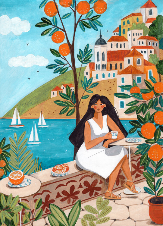 Caroline Bonne Muller Ilustrace Travel poster woman in Mediterranean coast, Caroline Bonne Muller, 30 × 40 cm