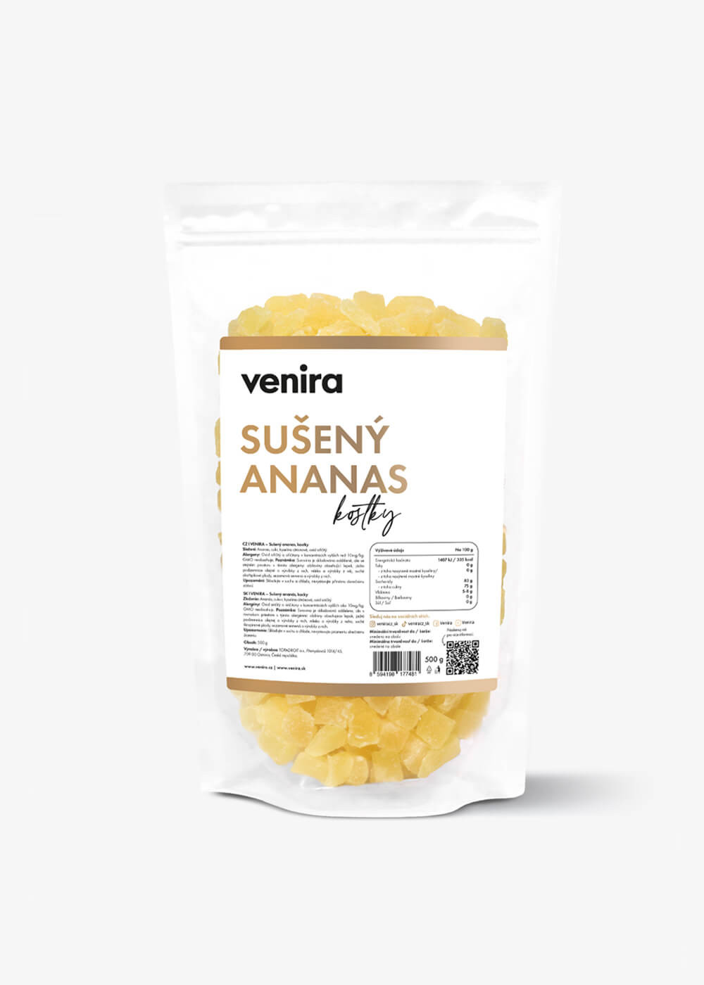 VENIRA sušený ananas, kostičky, 500 g