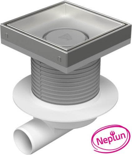 Chuděj Podlahová vpust boční DN50, plovák Neptun, mřížka 150x150 mm nerez CERAMICS (Gule boční DN50 s nerez mřížkou pro vložení dlažby)