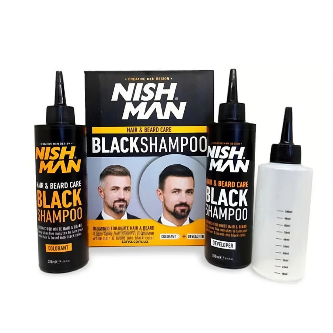 Nishman Hair&Beard Care Black Shampoo - barvící šampon, (200 ml barvivo, 200 ml aktivátor + aplikační láhev)