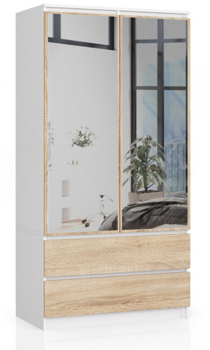 Skříň S 90 cm 2D 2SZ 2 zrcadla CLP bílá / sonoma