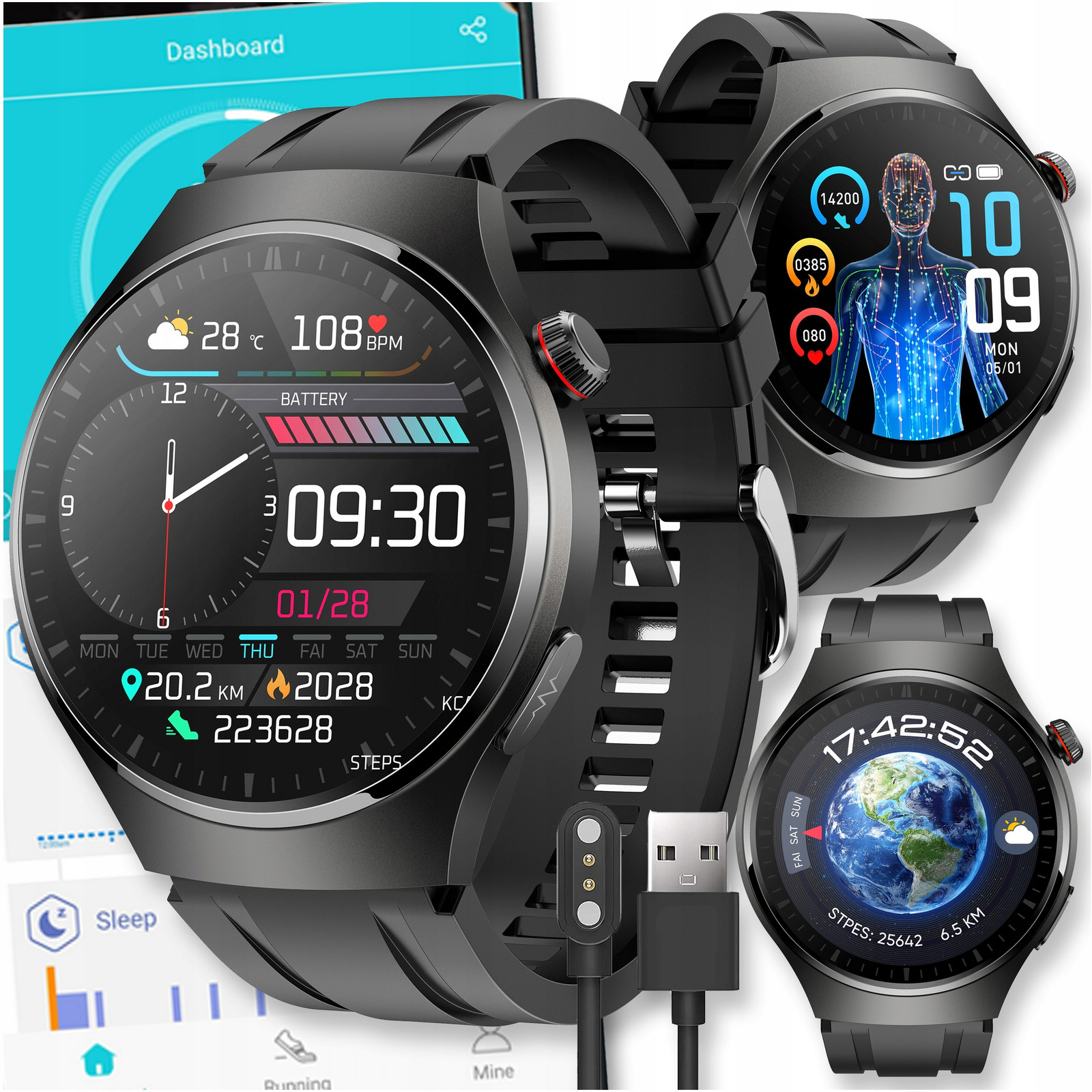 Chytré Hodinky Watch Amoled Hodinky Atm Black Černá Vodotěsnost Pánský Sport