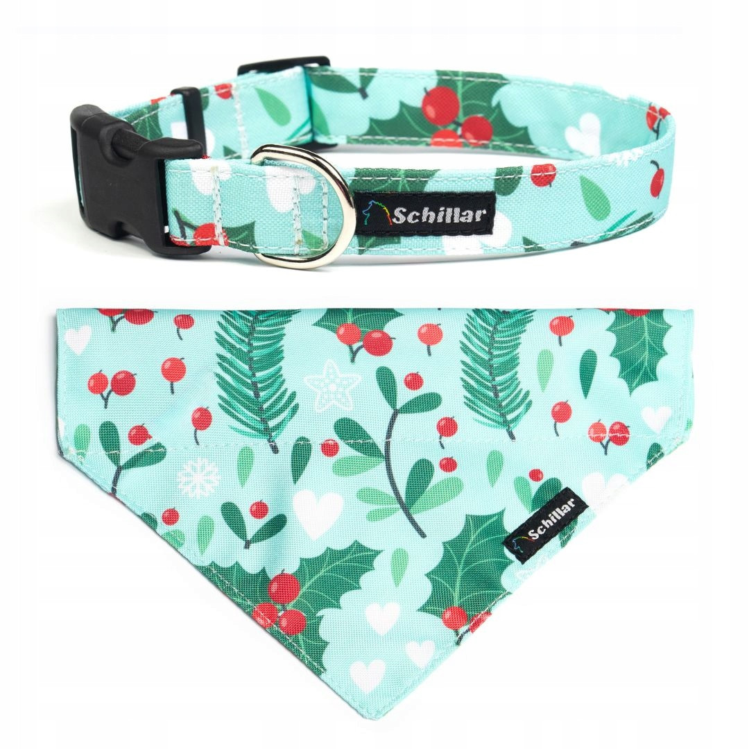Vánoční sada pro psa obojek na přezku nákrčník holly mint L 40-60cm