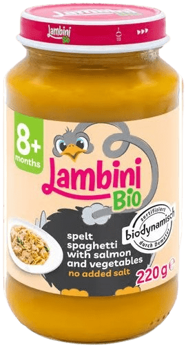 LAMBINI BIO Demeter příkrm špaldové špagety, zelenina a losos 220 g