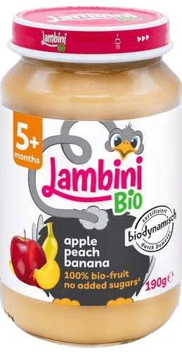 LAMBINI BIO Demeter příkrm jablko, broskev a banán 190 g