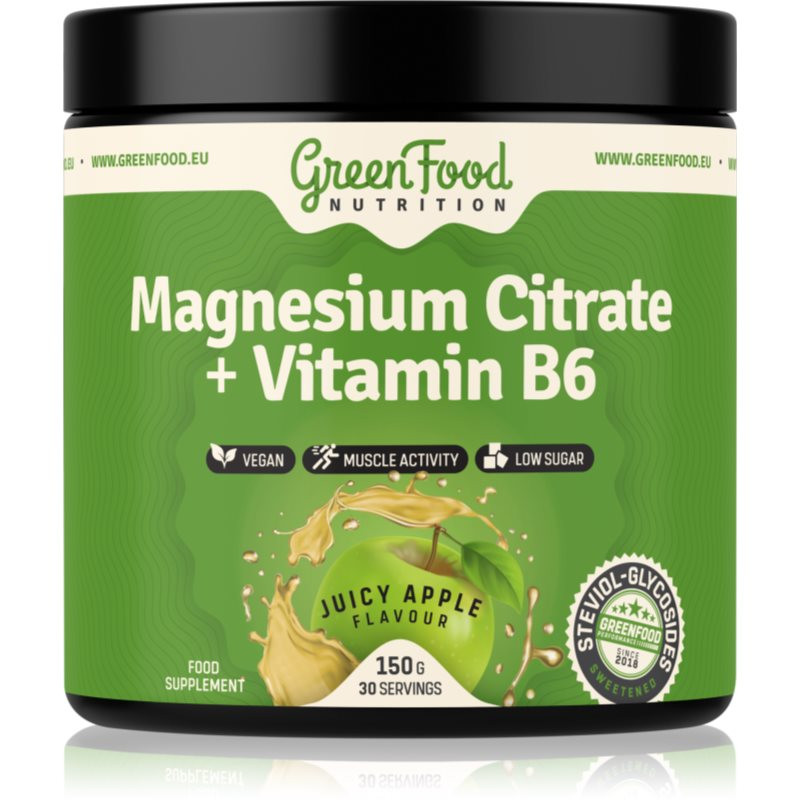 GreenFood Nutrition Magnesium Citrate + Vitamin B6 prášek pro podporu normální činnosti nervové soustavy, svalů, zubů a snížení míry únavy příchuť Jui