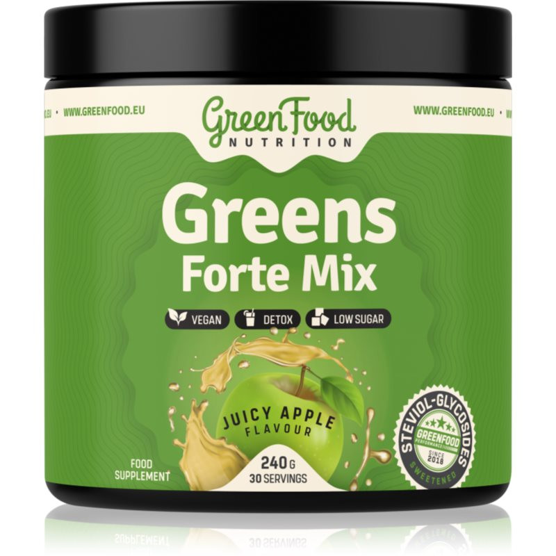 GreenFood Nutrition Greens Forte Mix prášek pro detoxikaci organismu a podporu imunity příchuť Juicy Apple 240 g