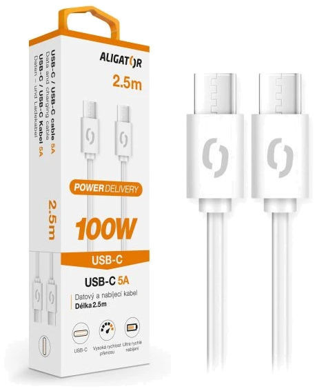 Aligator Usb kabel Power 100W, Usb-c/usb-c 5A, 2,5m bílý datový kabel