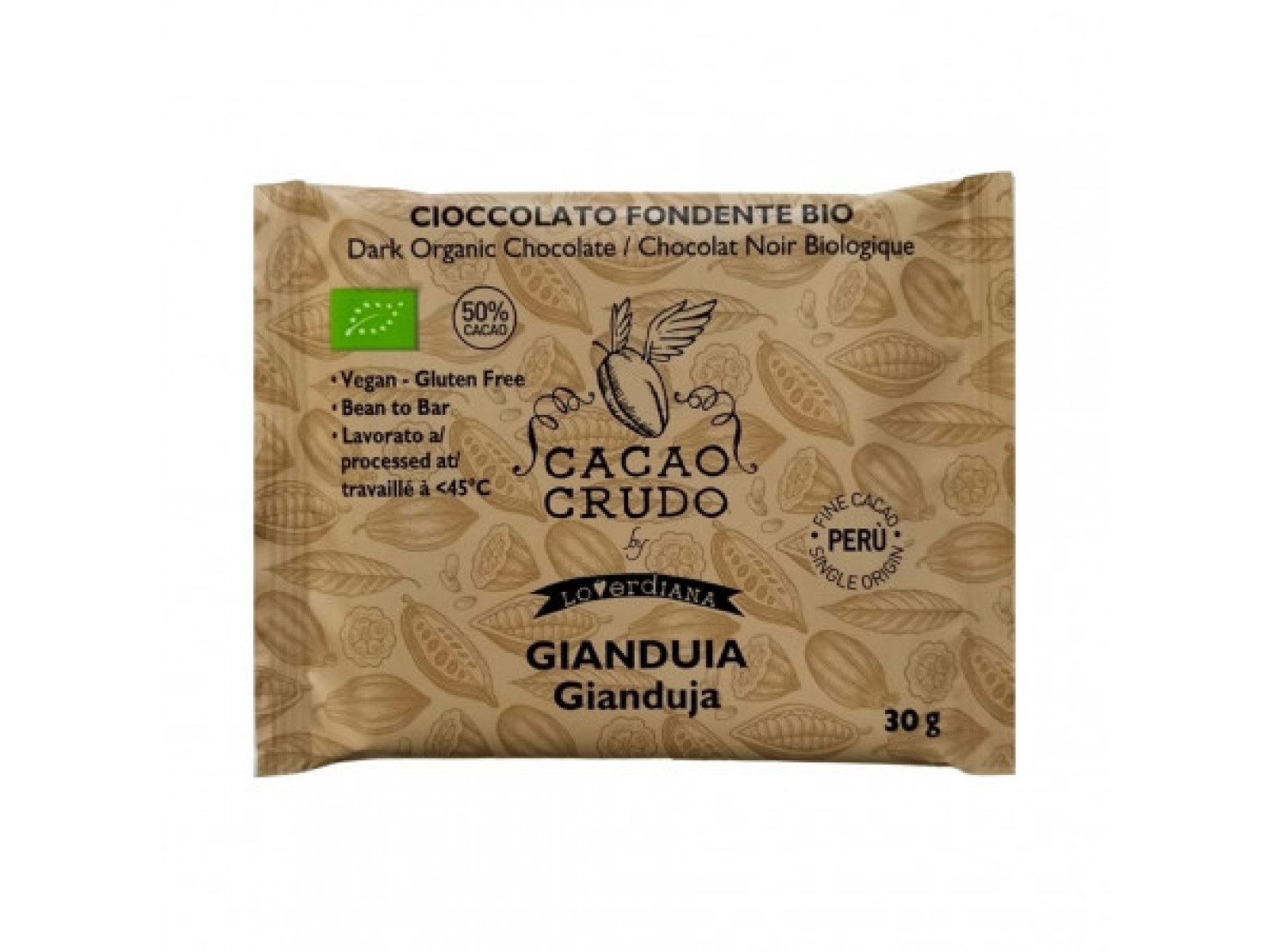 Cacao Crudo Raw Hořká čokoláda Gianduja, BIO, 30 g