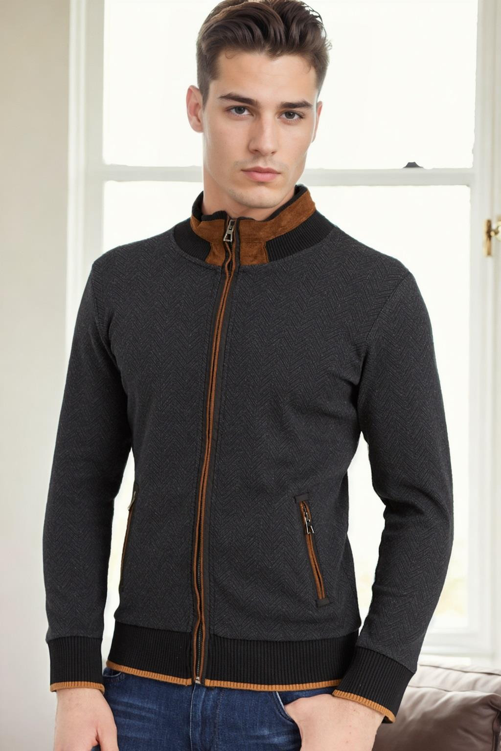 1021 DEWBERRY MEN'S SWEATSHIRT-DARK HERRINGBONE ANTHRACITE