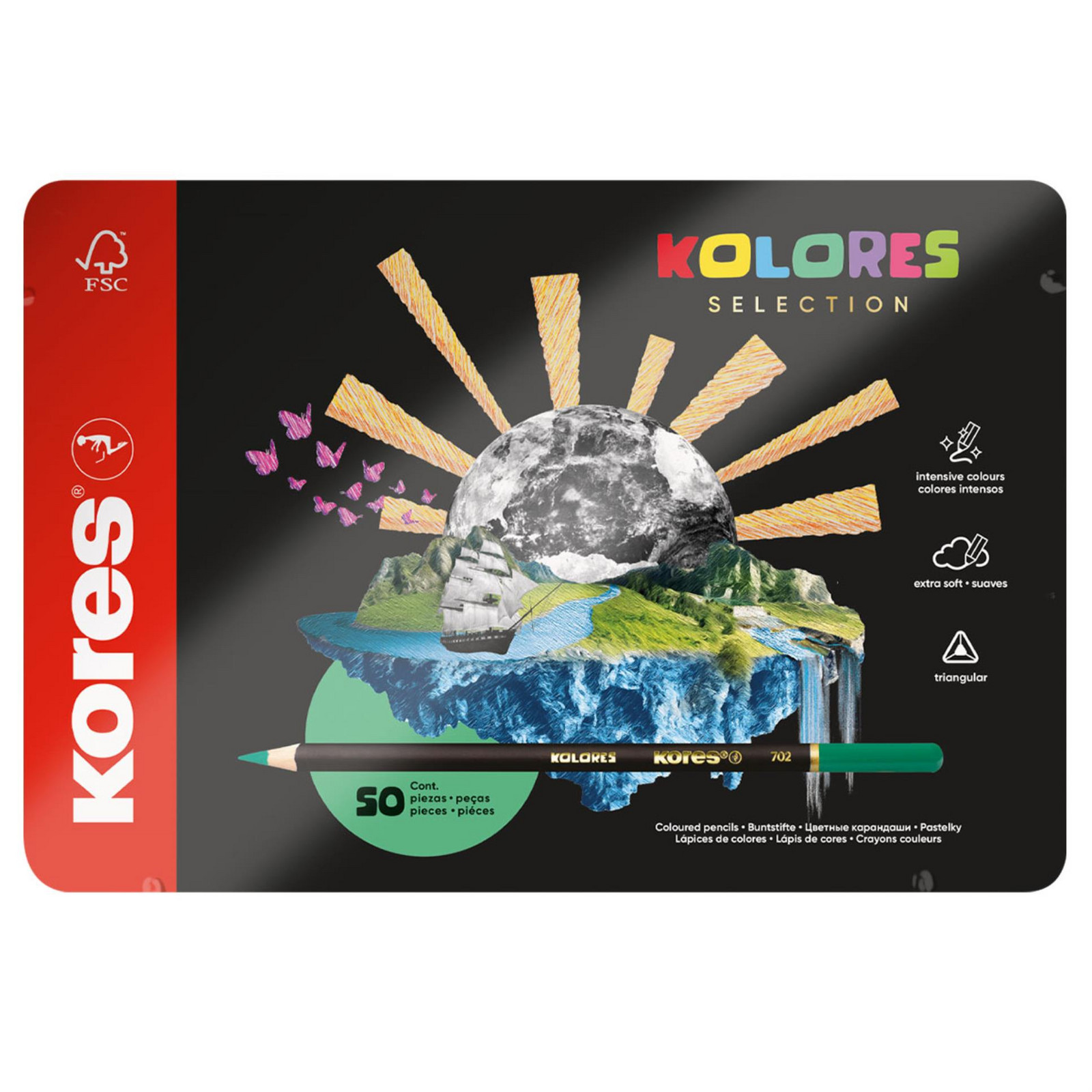 Pastelky Kores Kolores Selection trojhranné v plechové krabičce - 50 ks